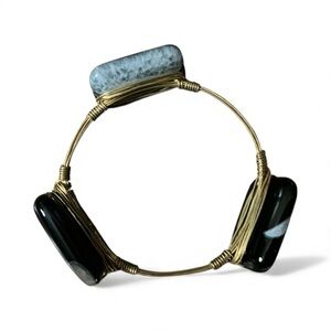 Wire Wrapped Bangle Bracelet With Black Stones With White Matrix Cool To Touch